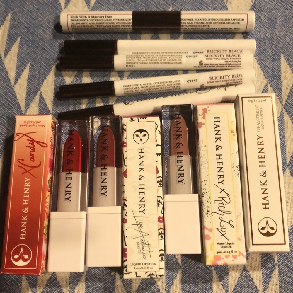 Hank & Henry lipsticks,liquideyeliner,mascara duo